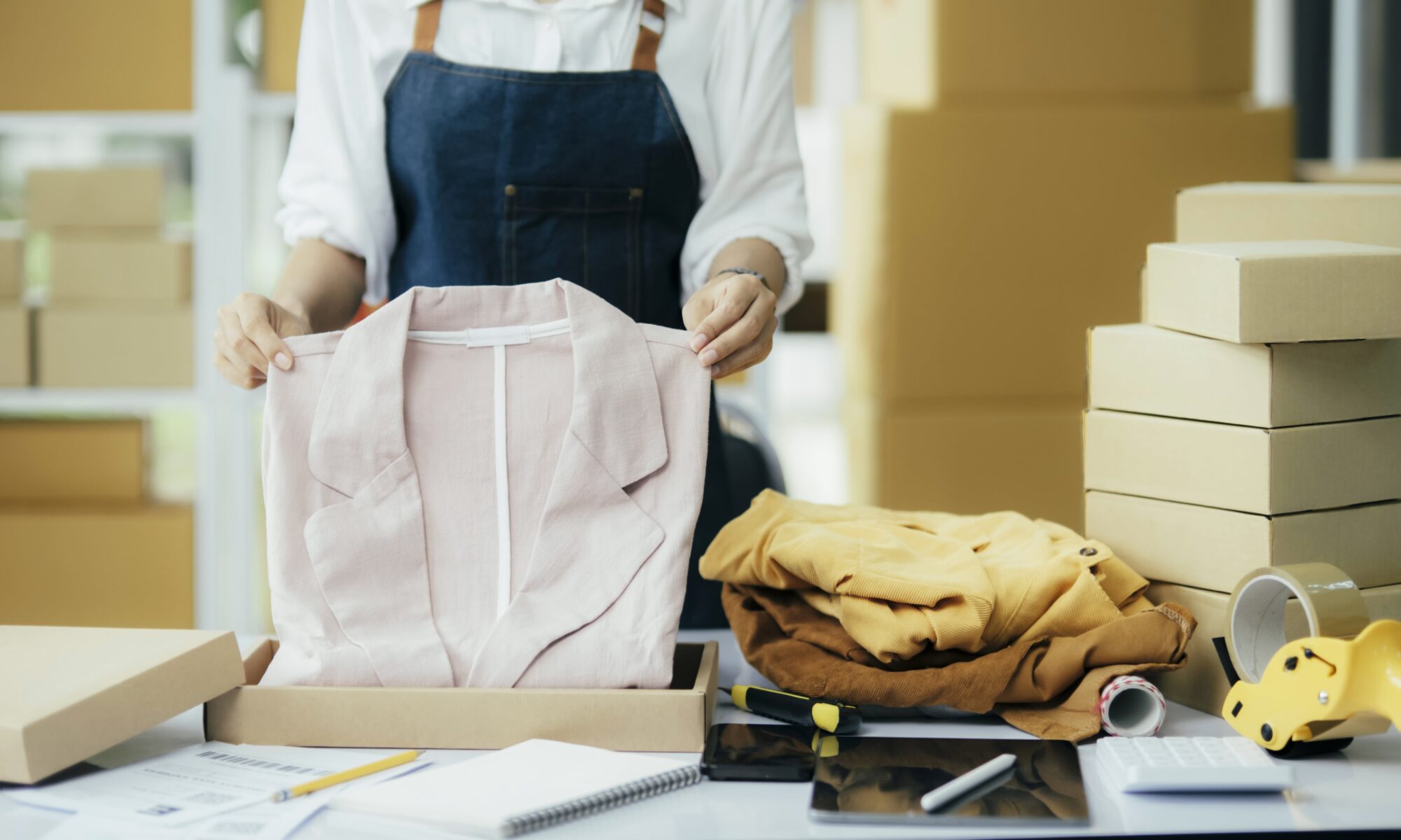 Small business owner packing clothing for despatch