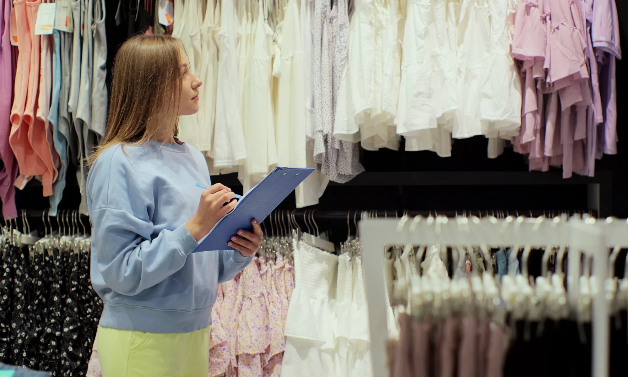 Woman doing stock checks in her fashion retail shop.