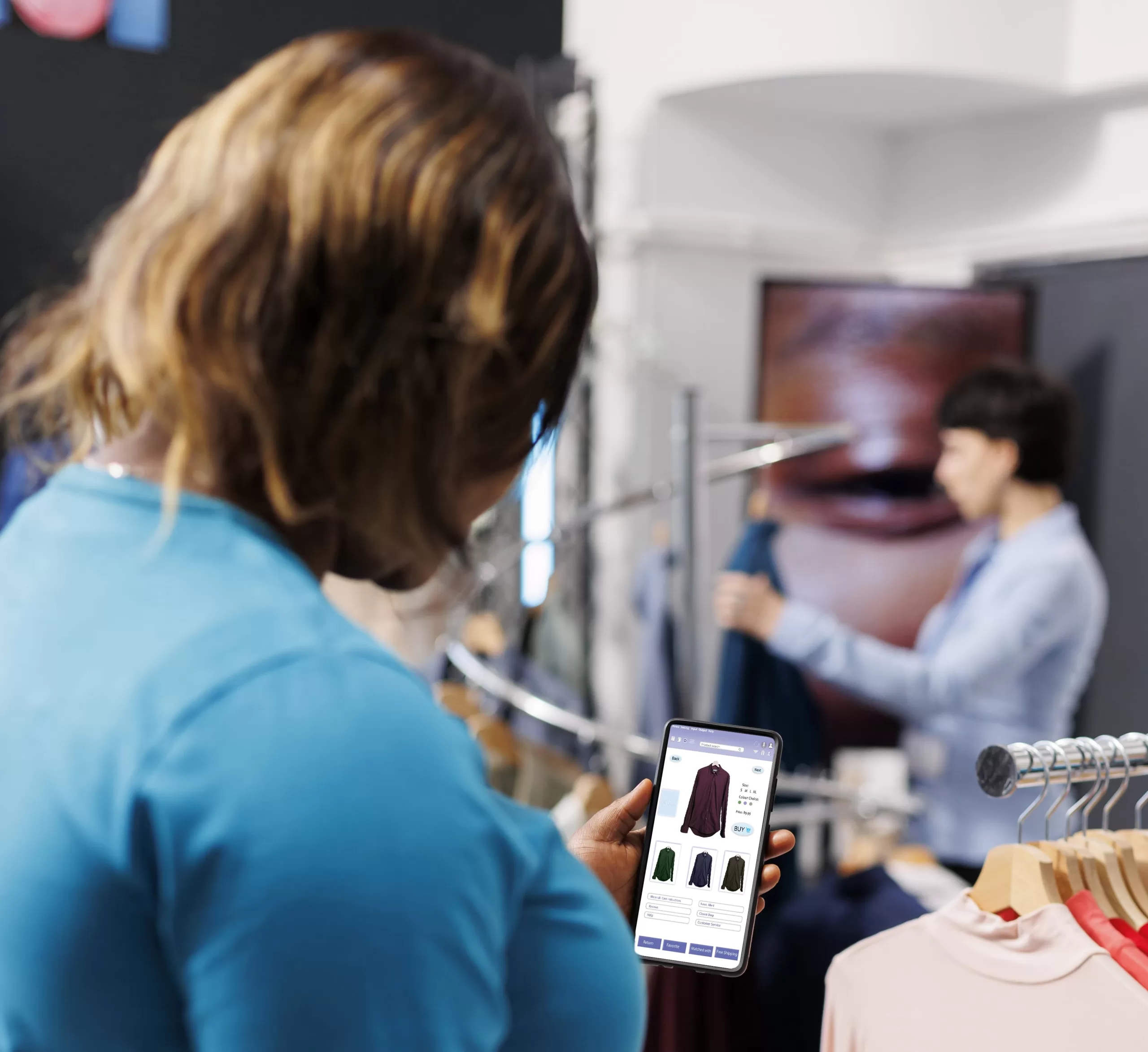 Woman using a Digital Showroom app in a physical clothes store.