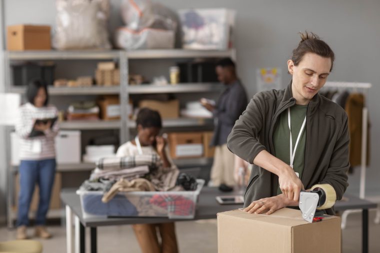 Man packing a box in fashion warehouse