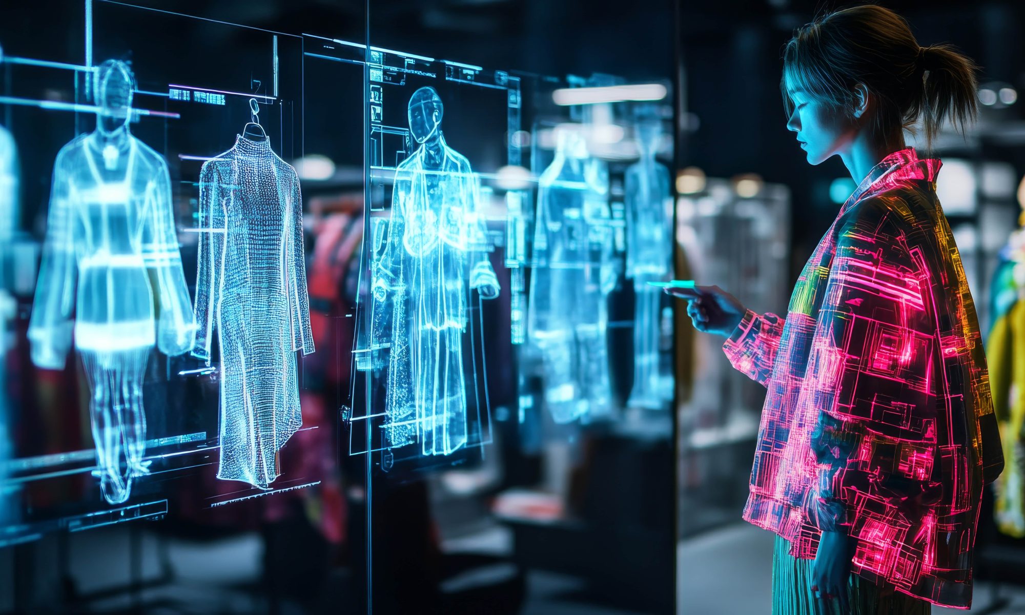 AI clothing presented in a darkened showroom