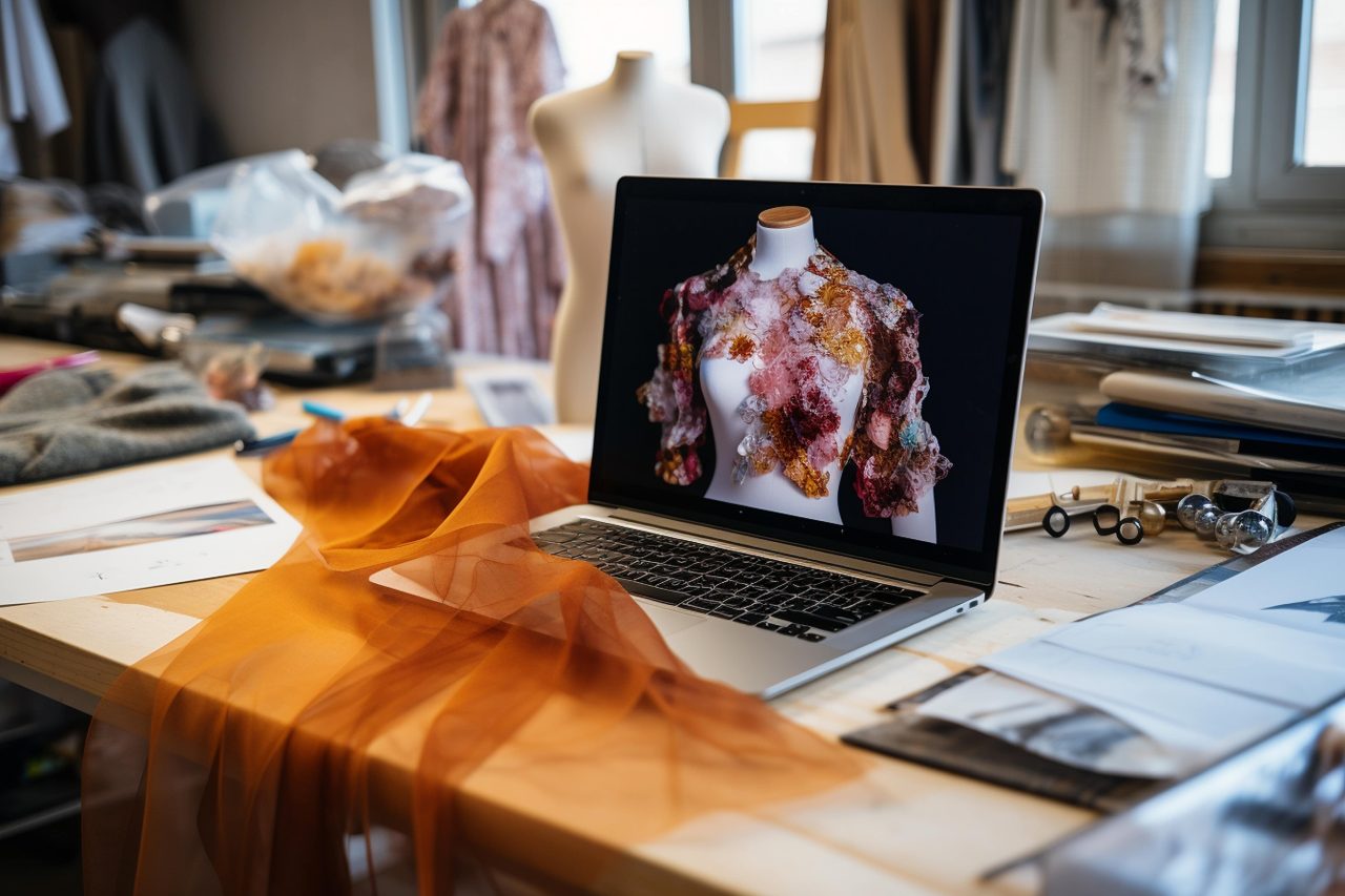 Laptop in a fashion studio used to leverage AI tools
